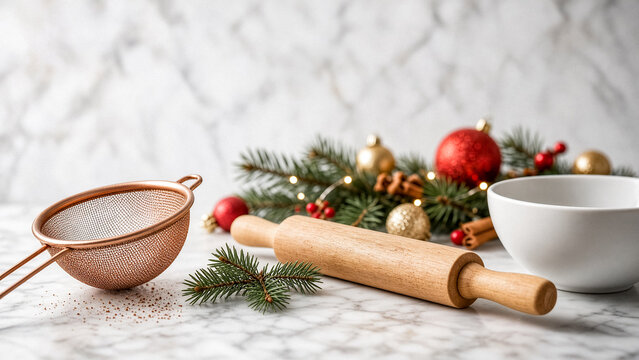 A copper strainer rests beside a rolling pin and bowl on a marble countertop, amidst festive greenery and ornaments.