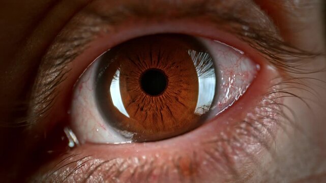 Extreme macro close-up of a brown human eye naturally blinking, revealing detailed iris patterns, eyelashes, reflections, and realistic eye movement in sharp focus.