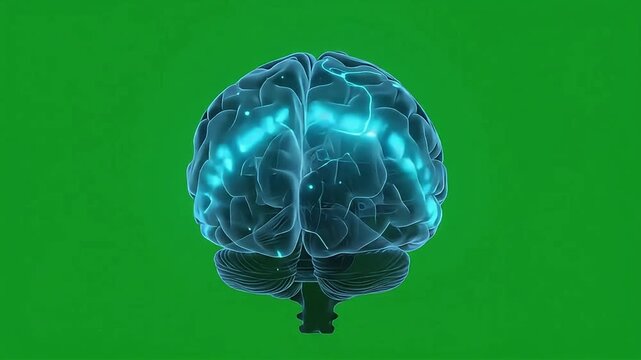 Glowing translucent human brain pulsating with electric cyan light against a vibrant green backdrop.
