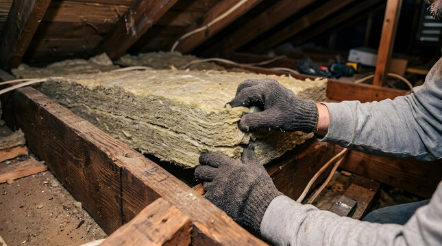 Worker Laying Mineral Wool Insulation In Attic Loft | Thermal Attic Insulation Installation With Mineral Wool Batts | Professional Home Energy Efficiency Loft Insulation Repair