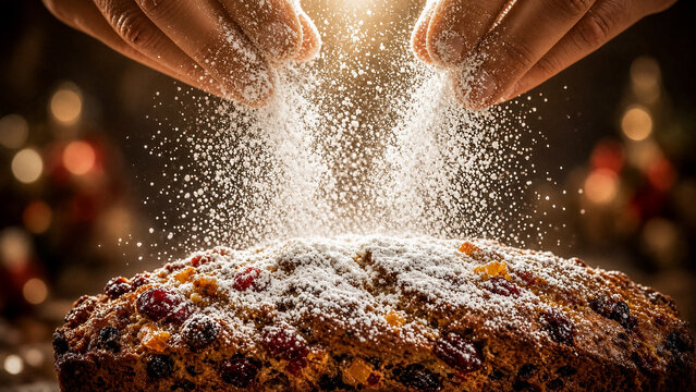 Hands sprinkle powdered sugar over a festive fruitcake. Warm light glows.