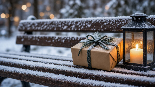 A snow-covered bench holds a gift and lantern. A warm candle glows, illuminating a winter scene.