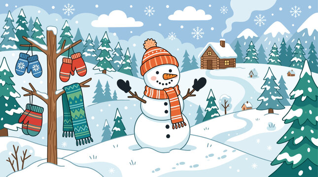 Cute Snowman Christmas Vector with Winter Hat, Scarf, Snowflakes and Festive Decorations