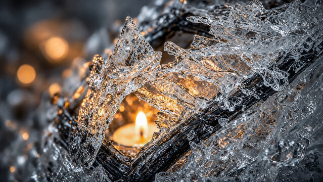 A candle flickers within a shattered glass holder, casting warm light on fractured ice.