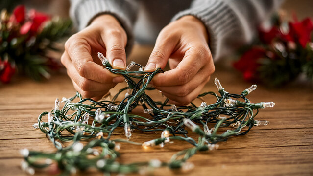 A person carefully untangles Christmas lights on a wooden table, surrounded by festive greenery.