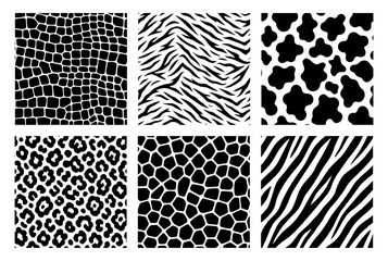 Fototapeta premium Animal print seamless patterns set with crocodile, tiger, cow, leopard, giraffe and zebra skins, black and white safari vector textures for fabric, wallpaper and apparel