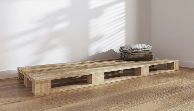 Minimalist eco-friendly wooden pallet bench with folded blankets in bright modern room with natural sunlight shadows