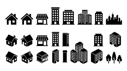 Fototapeta premium Simple architectural building icon with editable stroke, presented as a clean white line on a solid black background, for use