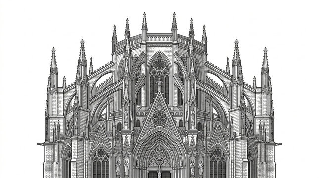 Detailed architectural drawing of a gothic cathedral apse with flying buttresses and spires isolated on white background.