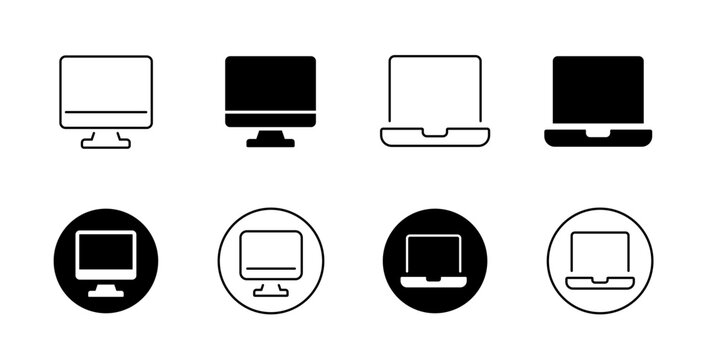 Computer electronic devices vector icon set. Desktop monitor, laptop, tablet, and smartphone screen symbols in line art, solid black, and circle badge styles. Responsive design concept vectors.