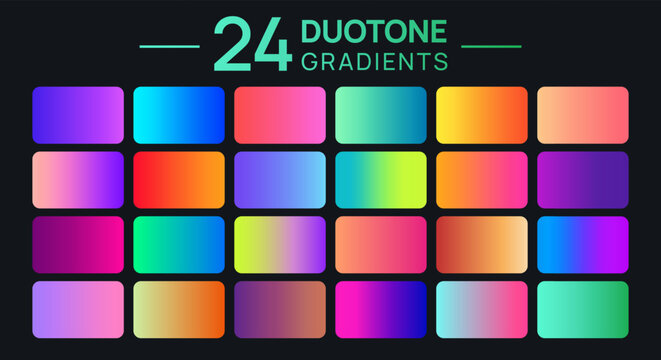 Duotone gradients palette with 24 vibrant colorful two-tone gradient vector swatches, neon blended rectangular samples on dark background for web design, UI, branding, posters and templates