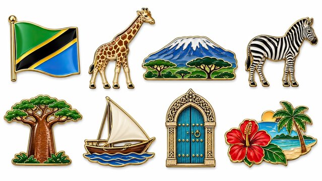 Illustrated Tanzania travel sticker collection featuring the national flag, giraffe, Mount Kilimanjaro, zebra, baobab, sailboat, ornate door, hibiscus, and tropical beach.
