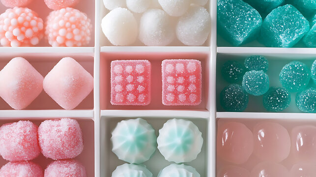 Colorful Easter Chocolate Eggs and Heart Candies in a Pastel Dessert Box