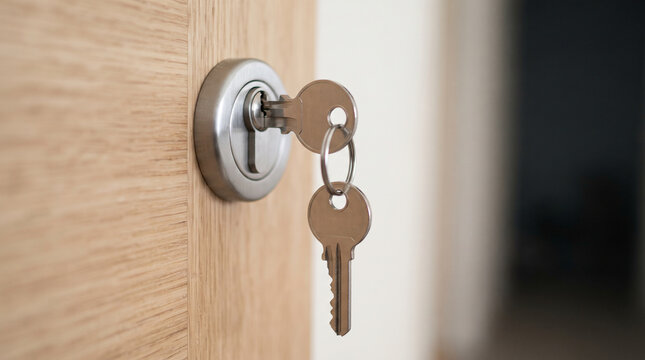 Close up of a metal key inserted into a wooden door lock