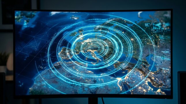 A curved computer monitor displaying a digital earthquake map of Europe with concentric blue signal waves radiating outward from a central epicenter point during nighttime