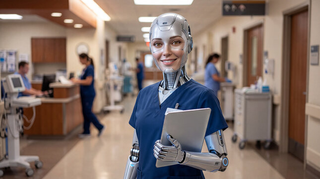 Smiling female robot nurse holding a digital tablet in a bright hospital clinic corridor