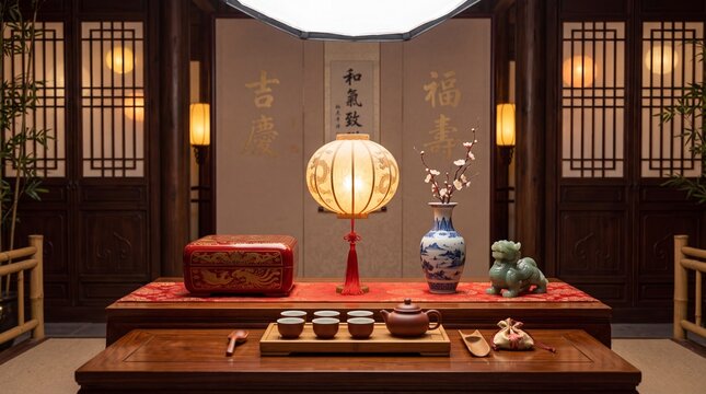 Three‑panel composite of a traditional Chinese tea room showcasing lantern, lacquered dragon box, porcelain vase with blossoms, jade Foo Dog, tea set, and calligraphy