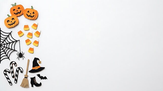 Halloween background with orange pumpkins and witch hat on white wall