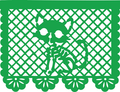 Green papel picado banner with a traditional Mexican Day of the Dead cat skeleton design on a geometric lattice background.