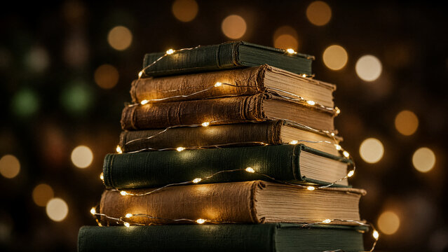 Warm lights illuminate a stack of antique books, creating a cozy, magical scene.