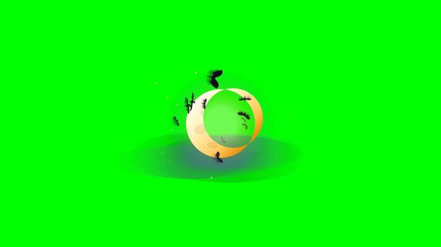 Cinematic 2.5D animated Crescent Moon hero with dynamic bat swarm emerging and orbiting on chroma green background (#00FF00) in a seamless 6-second loop.