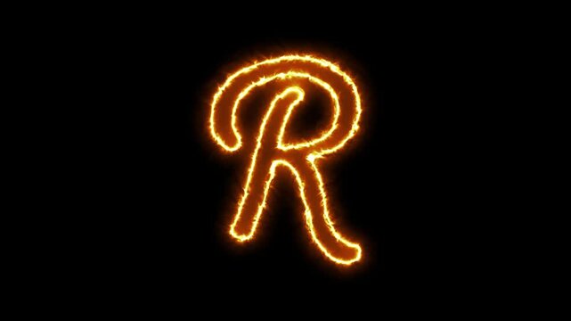 Glowing fire letter r animation, burning alphabet symbol on black background, cinematic fiery typography effect for motion and branding