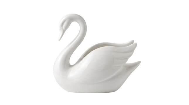 A beautiful white ceramic swan figurine representing elegance and grace is presented as a high quality isolated object on a transparent background isolated on transparent background