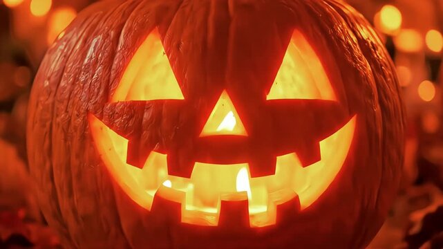 Glowing Jack-o'-Lantern with Warm Candlelight Close Up