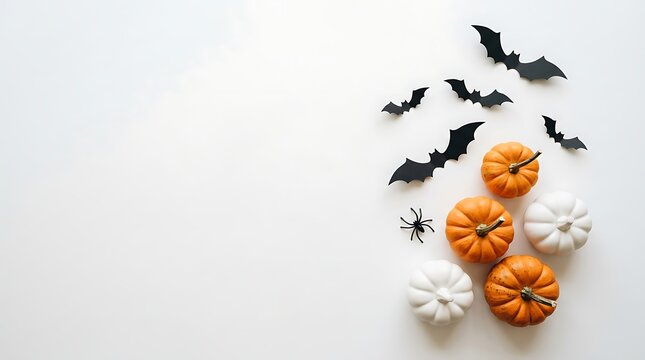 Halloween background featuring pumpkins bats and a spider on white