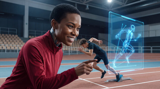 Female humanoid robot coach analyzing a runner start biomechanics with a digital skeleton hologram on track
