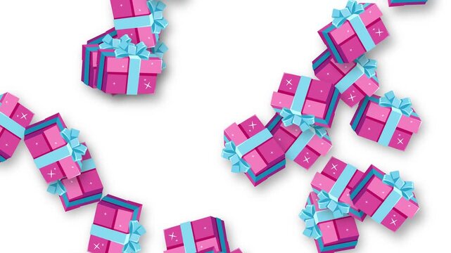 Bursting Pink Gift Boxes with Blue Ribbons on White Background