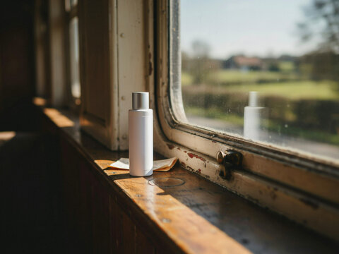 A white reusable water bottle standing on a wooden train window sill with a blurred green landscape outside