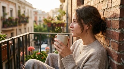 Fototapeta premium A woman holding a coffee cup on her apartment balcony illustrates real estate opportunities for urban living, relaxing outdoors with warm sunlight hitting the brick wall