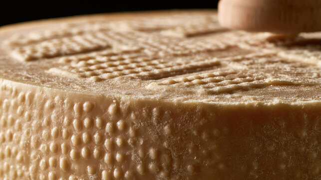 Parmesan cheese wheel stamping close up macro shot of dotted relief indentations artisanal cheese rind with natural pale yellow crust texture and soft morning side lighting for tactile culinary