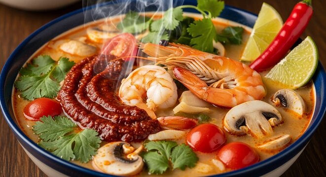 Steaming Hot Tom Yum Goong Soup with Fresh Prawns and Mushrooms.