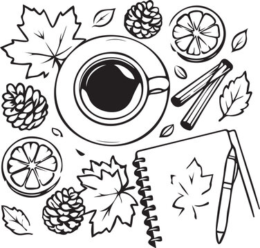 Top view flatlay of coffee mug, open notebook with pen, orange slices, pine cones, cinnamon, and maple leaves. Black and white vector line art outline for cozy autumn study, KDP, and craft.