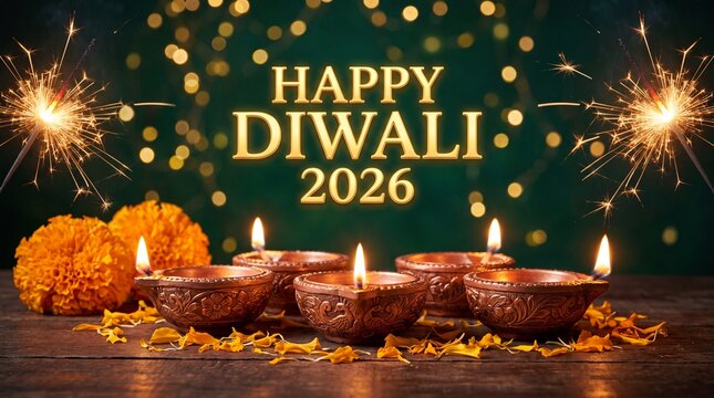 Happy Diwali 2026 Greeting Banner with Ornate Brass Diyas and Festive Sparklers Background