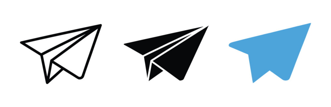 Paper plane icon, send message button and blue paper plane logo, e-mail, letter or telegram vector illustration for online chat and communication