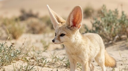 Fototapeta premium Desert Dweller: A fennec fox, renowned for its exceptionally large ears, stands alert in its arid desert habitat amidst sparse vegetation and sand dunes.