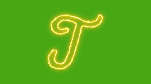 Glowing neon letter t animation with electric energy effect on green screen alphabet