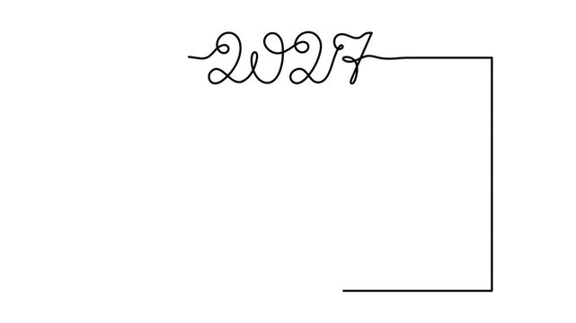  2027 new year lettering calligraphy text on frame one line art animation, continuous line drawing holiday festive congratulations banner motion, christmas celebration numbers. 4k self-drawing video