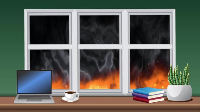 Animated Office Desk with Fire and Smoke Outside the Window