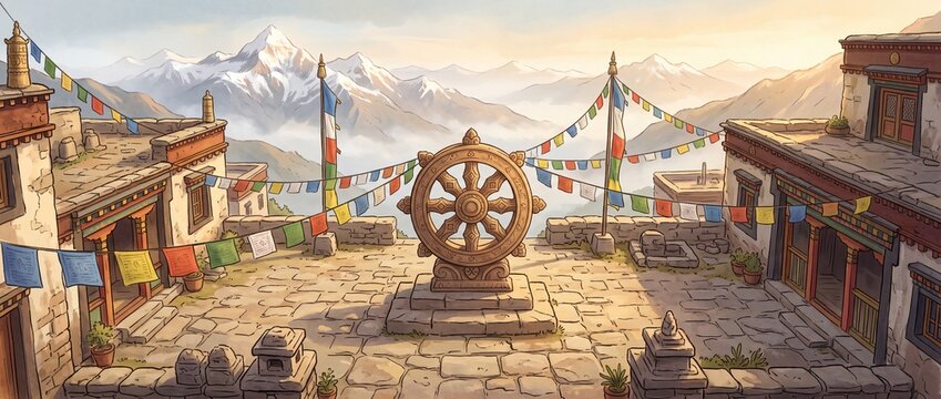Sacred dharmachakra wheel statue in a mountain monastery courtyard with prayer flags and snowy peaks
