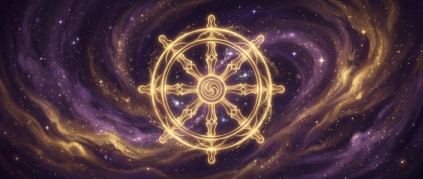 Golden glowing dharmachakra symbol centered floating inside a swirling cosmic nebula background with purple dust and bright glowing stars shining brightly across space