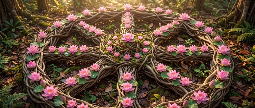 Giant wooden branch wheel shaped like a dharmachakra decorated with pink lotus flowers in a lush green forest floor with dappled sunlight