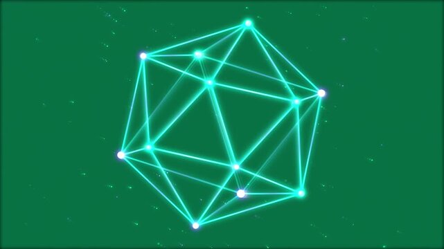 Glowing neon icosahedron geometric shape rotating on green screen background, polyhedral