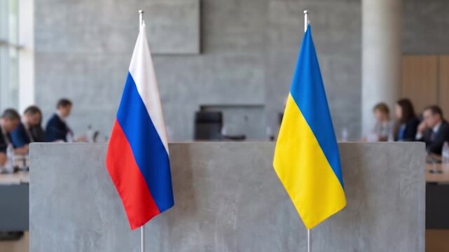 Russian and ukrainian national flags standing together in a formal diplomatic conference setting