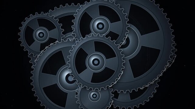 Rotating mechanical gears animation: industrial engineering and technology concept background, cogs industry