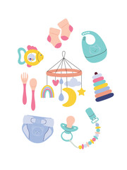 Obraz premium Set of items and toys for infants. Cute vector illustrations.