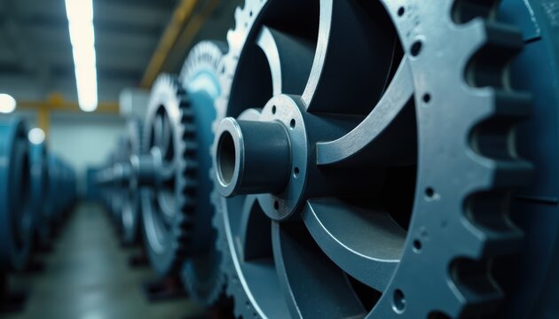 Close-up of precision metal gears and mechanical components aligned in an industrial manufacturing facility. Metallic parts with detailed mechanical brackets are illuminated under factory lighting.